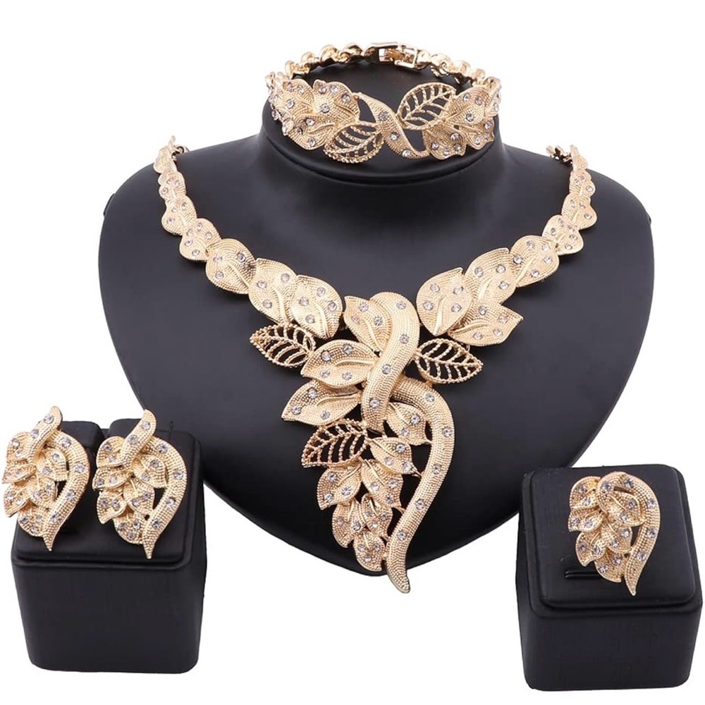 Elegant Gold Leaf Jewelry Set African Dubai Gold and Crystal